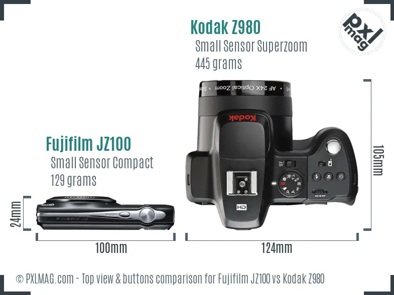 Fujifilm JZ100 vs Kodak Z980 top view buttons comparison Fujifilm JZ100 vs Kodak Z980 top view buttons comparison