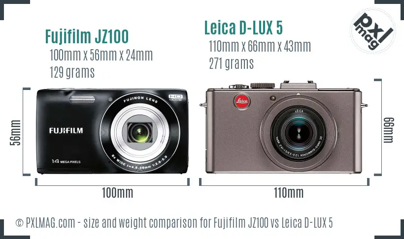 Fujifilm JZ100 vs Leica D-LUX 5 size comparison