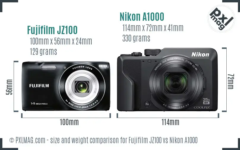 Fujifilm JZ100 vs Nikon A1000 size comparison Fujifilm JZ100 vs Nikon A1000 size comparison