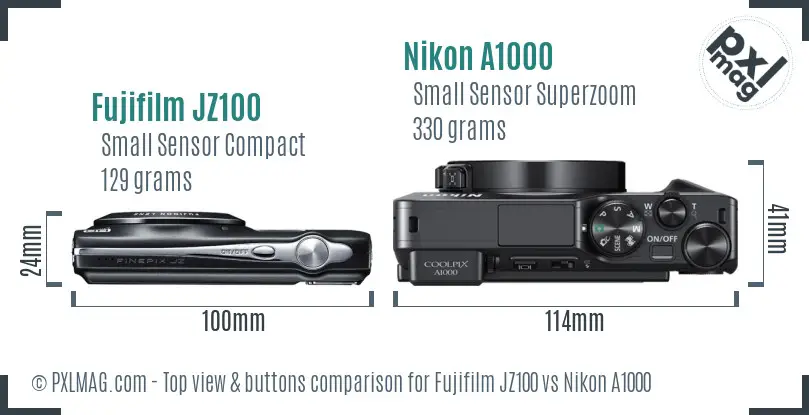 Fujifilm JZ100 vs Nikon A1000 top view buttons comparison Fujifilm JZ100 vs Nikon A1000 top view buttons comparison