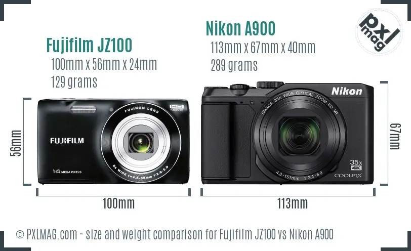 Fujifilm JZ100 vs Nikon A900 size comparison Fujifilm JZ100 vs Nikon A900 size comparison
