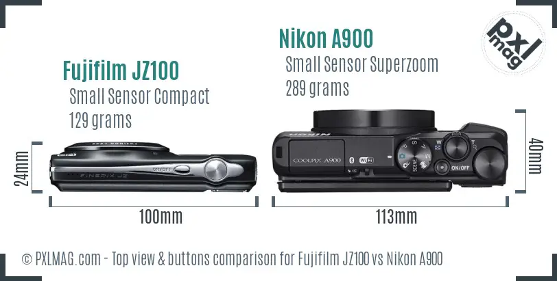 Fujifilm JZ100 vs Nikon A900 top view buttons comparison