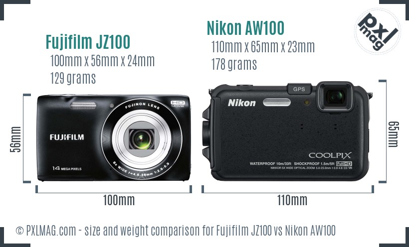 Fujifilm JZ100 vs Nikon AW100 size comparison