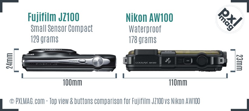 Fujifilm JZ100 vs Nikon AW100 top view buttons comparison