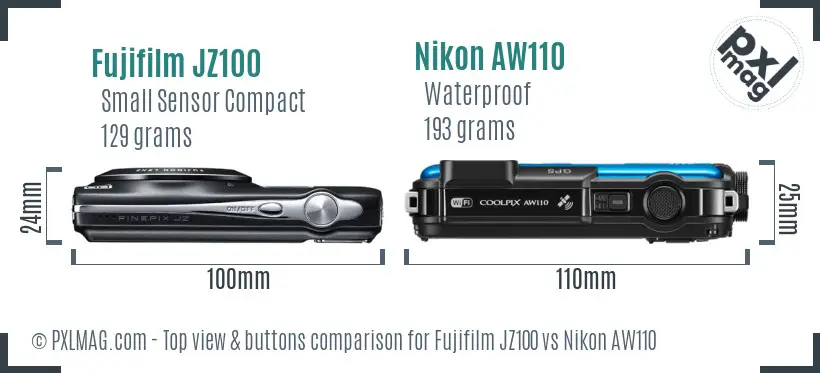 Fujifilm JZ100 vs Nikon AW110 top view buttons comparison Fujifilm JZ100 vs Nikon AW110 top view buttons comparison