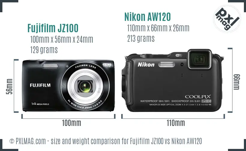 Fujifilm JZ100 vs Nikon AW120 size comparison