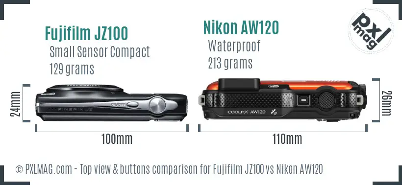 Fujifilm JZ100 vs Nikon AW120 top view buttons comparison