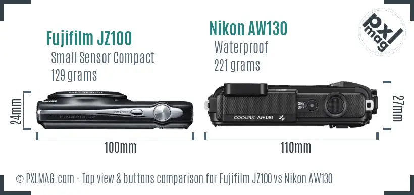 Fujifilm JZ100 vs Nikon AW130 top view buttons comparison