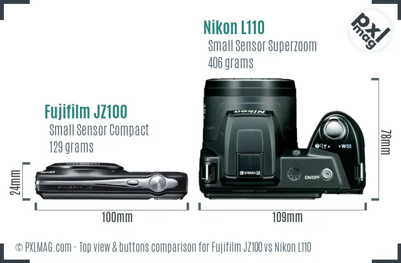 Fujifilm JZ100 vs Nikon L110 top view buttons comparison Fujifilm JZ100 vs Nikon L110 top view buttons comparison
