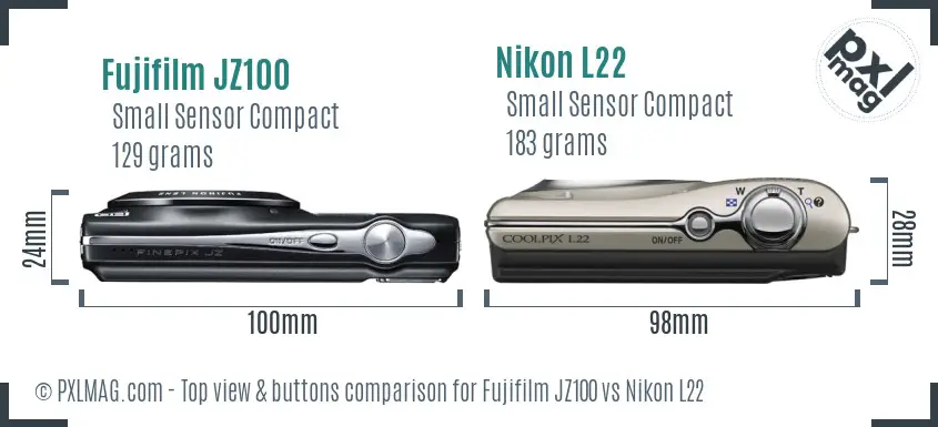 Fujifilm JZ100 vs Nikon L22 top view buttons comparison Fujifilm JZ100 vs Nikon L22 top view buttons comparison