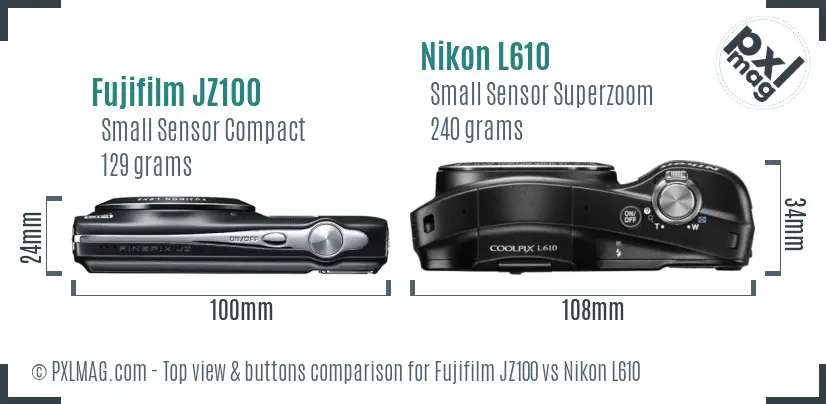 Fujifilm JZ100 vs Nikon L610 top view buttons comparison