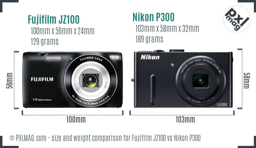 Fujifilm JZ100 vs Nikon P300 size comparison