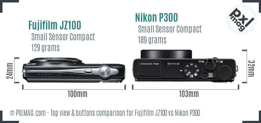 Fujifilm JZ100 vs Nikon P300 top view buttons comparison