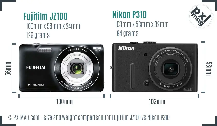Fujifilm JZ100 vs Nikon P310 size comparison
