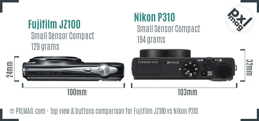 Fujifilm JZ100 vs Nikon P310 top view buttons comparison