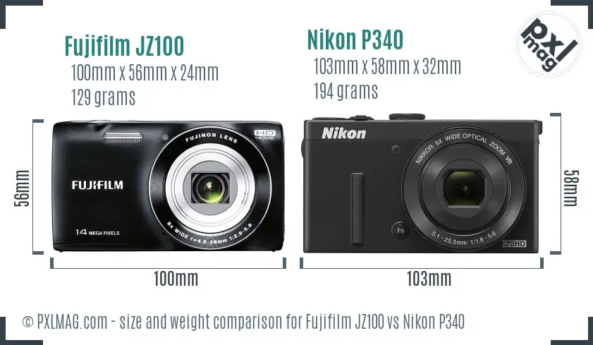 Fujifilm JZ100 vs Nikon P340 size comparison