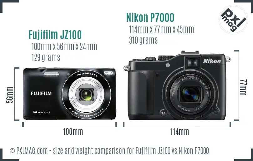 Fujifilm JZ100 vs Nikon P7000 size comparison