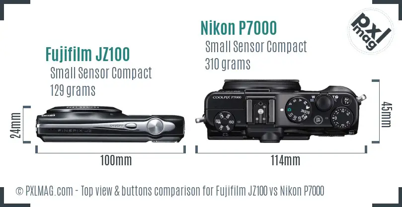 Fujifilm JZ100 vs Nikon P7000 top view buttons comparison