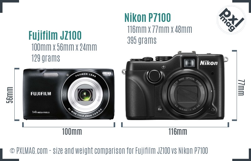 Fujifilm JZ100 vs Nikon P7100 size comparison