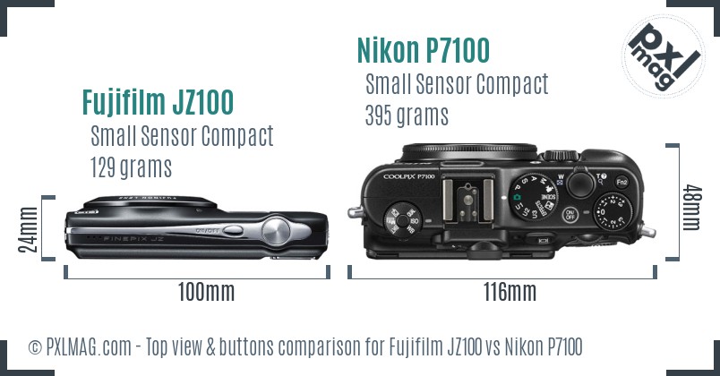 Fujifilm JZ100 vs Nikon P7100 top view buttons comparison