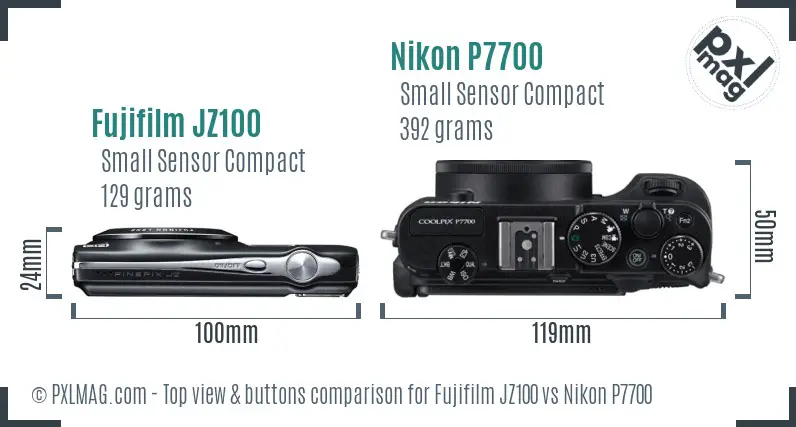 Fujifilm JZ100 vs Nikon P7700 top view buttons comparison