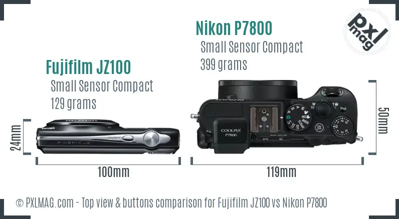 Fujifilm JZ100 vs Nikon P7800 top view buttons comparison