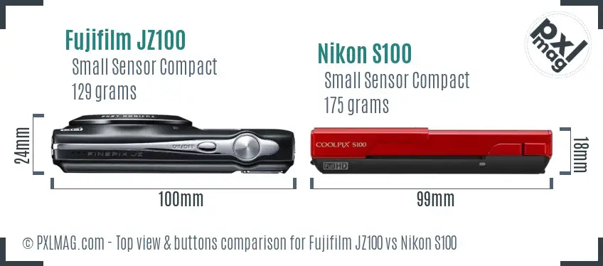 Fujifilm JZ100 vs Nikon S100 top view buttons comparison Fujifilm JZ100 vs Nikon S100 top view buttons comparison