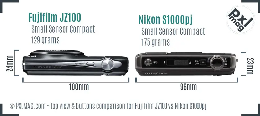 Fujifilm JZ100 vs Nikon S1000pj top view buttons comparison Fujifilm JZ100 vs Nikon S1000pj top view buttons comparison