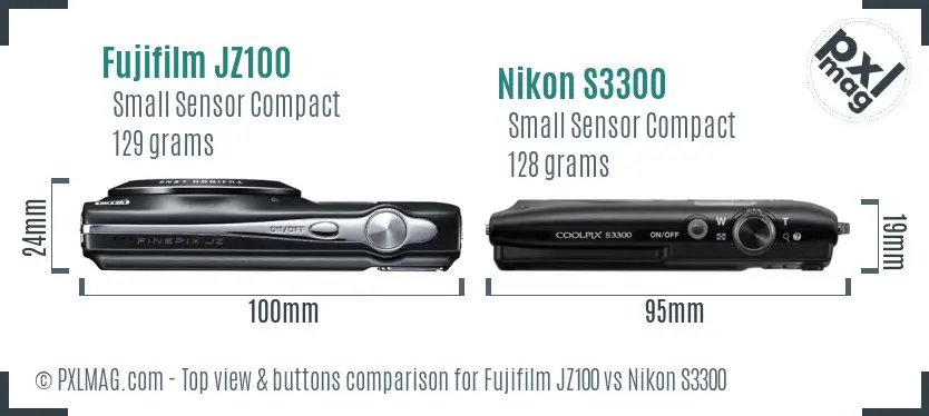 Fujifilm JZ100 vs Nikon S3300 top view buttons comparison