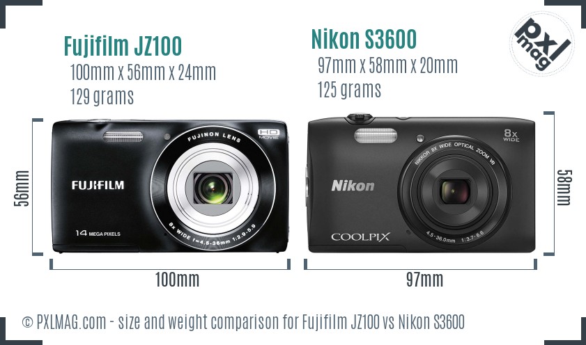 Fujifilm JZ100 vs Nikon S3600 size comparison