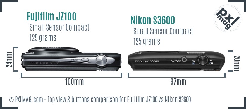 Fujifilm JZ100 vs Nikon S3600 top view buttons comparison