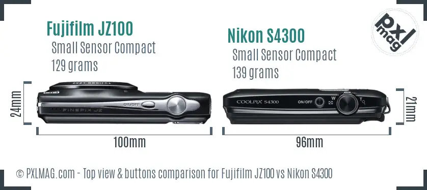 Fujifilm JZ100 vs Nikon S4300 top view buttons comparison
