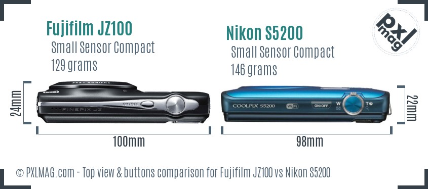 Fujifilm JZ100 vs Nikon S5200 top view buttons comparison