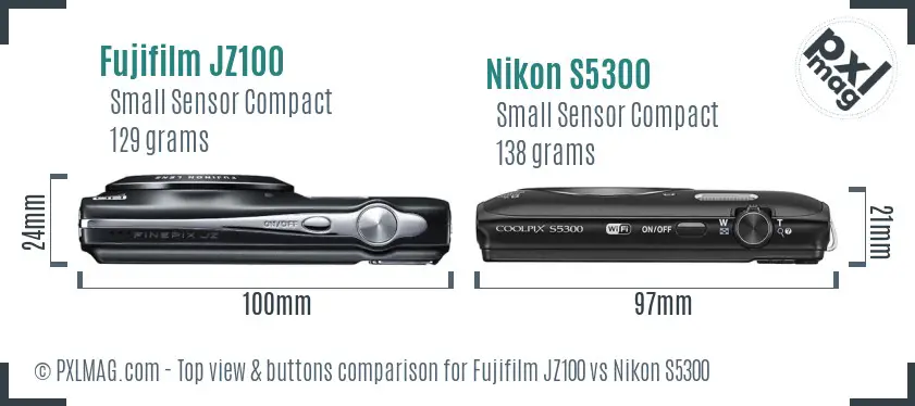 Fujifilm JZ100 vs Nikon S5300 top view buttons comparison