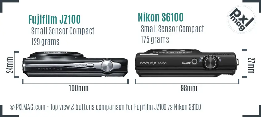 Fujifilm JZ100 vs Nikon S6100 top view buttons comparison