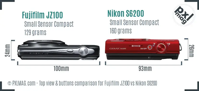 Fujifilm JZ100 vs Nikon S6200 top view buttons comparison