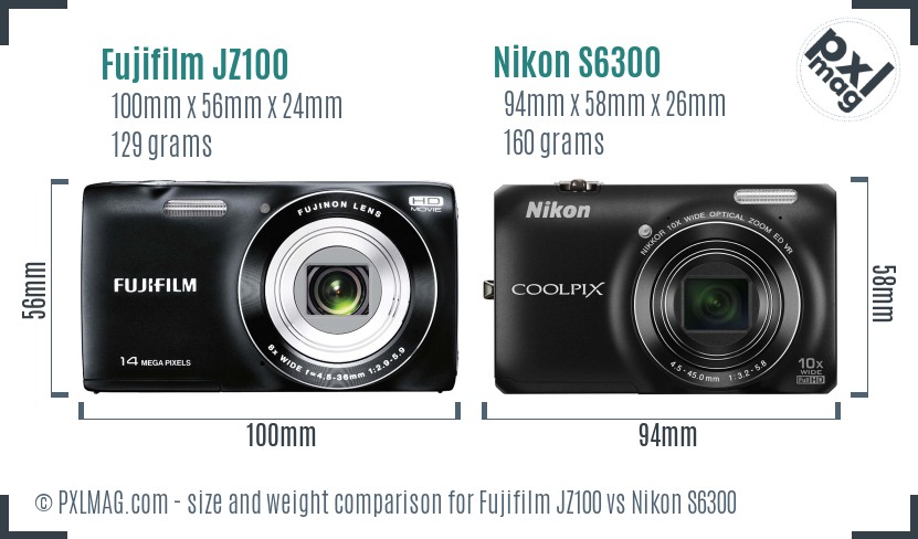 Fujifilm JZ100 vs Nikon S6300 size comparison