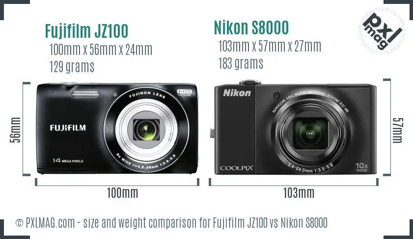 Fujifilm JZ100 vs Nikon S8000 size comparison