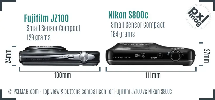 Fujifilm JZ100 vs Nikon S800c top view buttons comparison Fujifilm JZ100 vs Nikon S800c top view buttons comparison
