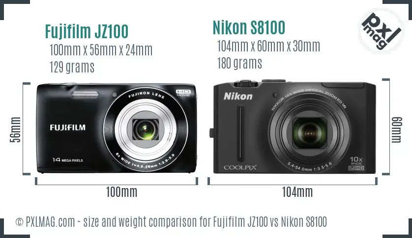 Fujifilm JZ100 vs Nikon S8100 size comparison