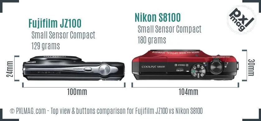 Fujifilm JZ100 vs Nikon S8100 top view buttons comparison