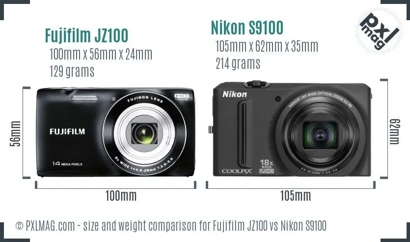 Fujifilm JZ100 vs Nikon S9100 size comparison