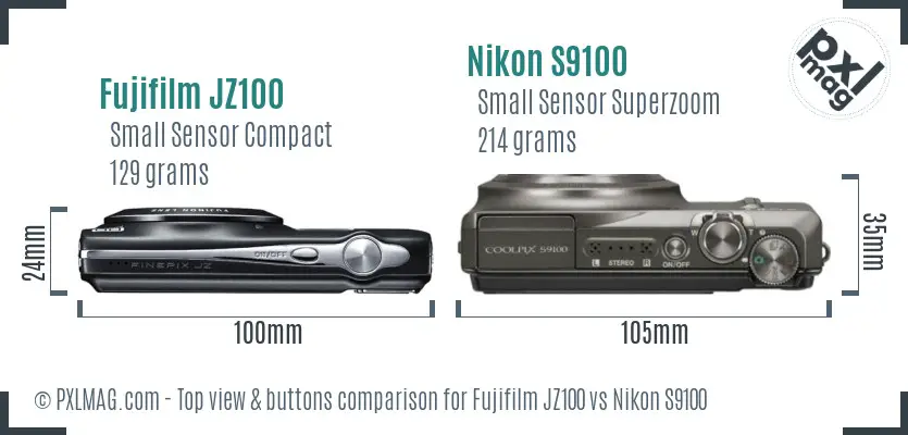 Fujifilm JZ100 vs Nikon S9100 top view buttons comparison