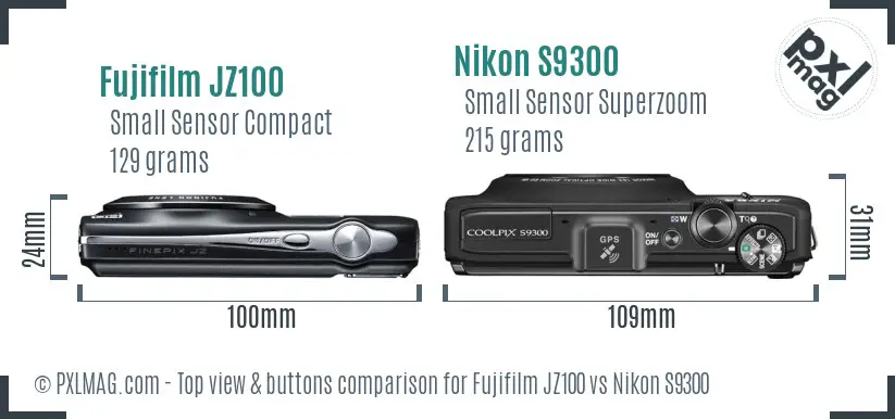Fujifilm JZ100 vs Nikon S9300 top view buttons comparison Fujifilm JZ100 vs Nikon S9300 top view buttons comparison