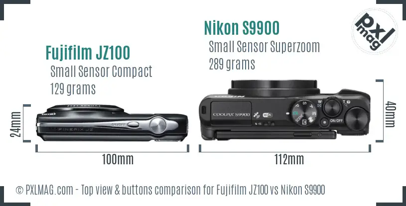 Fujifilm JZ100 vs Nikon S9900 top view buttons comparison