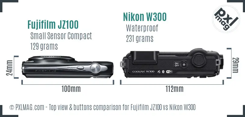 Fujifilm JZ100 vs Nikon W300 top view buttons comparison Fujifilm JZ100 vs Nikon W300 top view buttons comparison