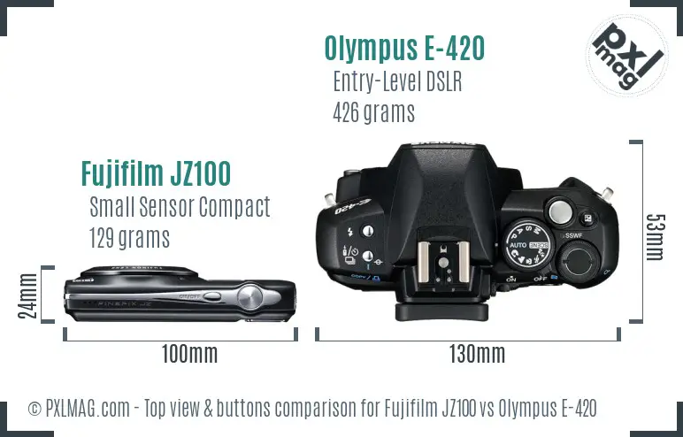 Fujifilm JZ100 vs Olympus E-420 top view buttons comparison