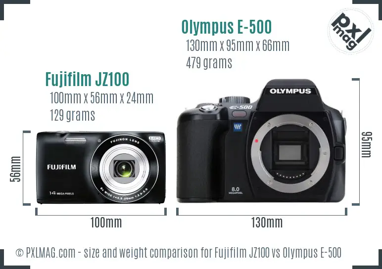 Fujifilm JZ100 vs Olympus E-500 size comparison