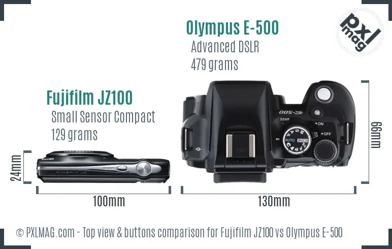 Fujifilm JZ100 vs Olympus E-500 top view buttons comparison
