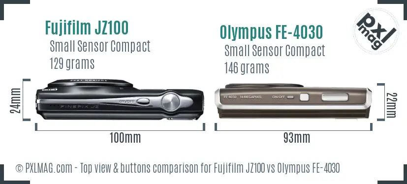 Fujifilm JZ100 vs Olympus FE-4030 top view buttons comparison Fujifilm JZ100 vs Olympus FE-4030 top view buttons comparison